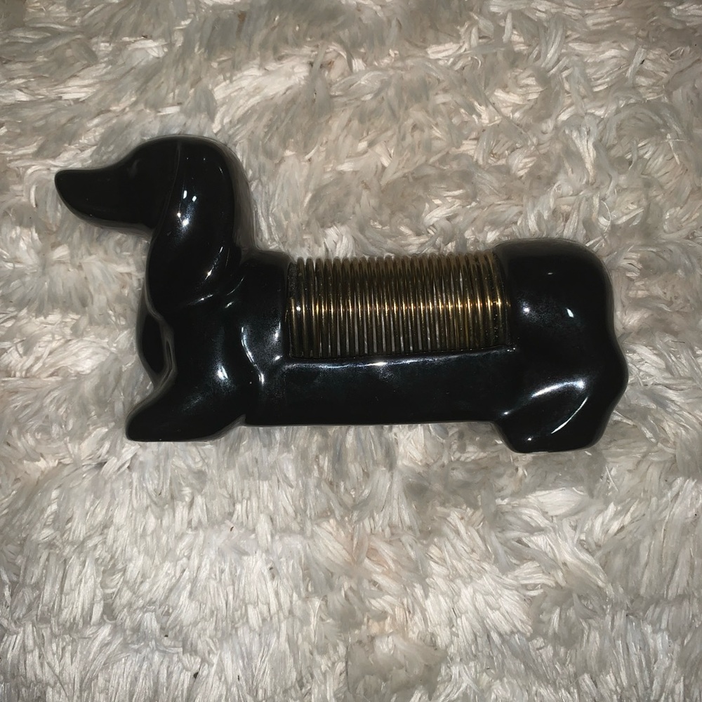 Vintage Ceramic Dachshund Coil Letter & Pen Holder Black Doxie Wiener Dog 7” EC